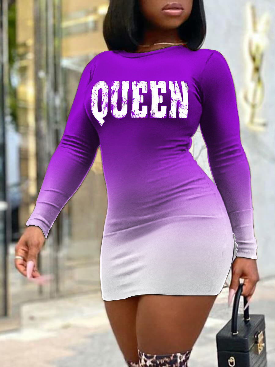 

Lovely Plus Size Street Letter Print Gradient Purple Mini Dress