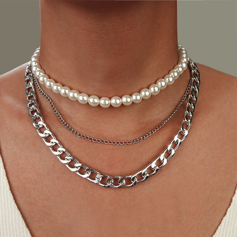 

Lovely Casual Pearl Decoration Hollow-out Silver Multilayer Necklace