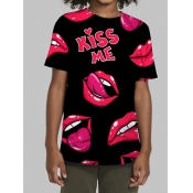 Lovely Men Casual Lip Letter Print Black T-shirt