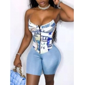 LW Street Money Letter Print Blue Two Piece Shorts