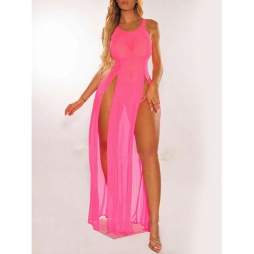 

LW Boho See-through High Split Rose Red Cover-up