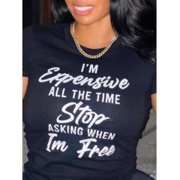

LW Plus Size Casual O Neck Letter Print Black T-shirt