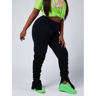 

LW Plus Size Casual Mid Waist Fold Design Black Pants