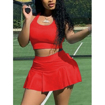 

LW Sporty U Neck Flounce Design Red Two Piece Skirt Set