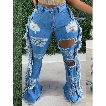 

LW High Stretchy Ripped Tassel Design Jeans, Blue