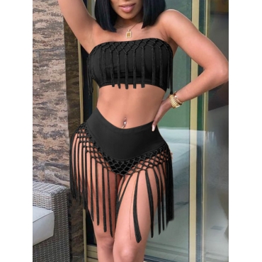 

LW Off The Shoulder Tassel Design Bikini Set, Black