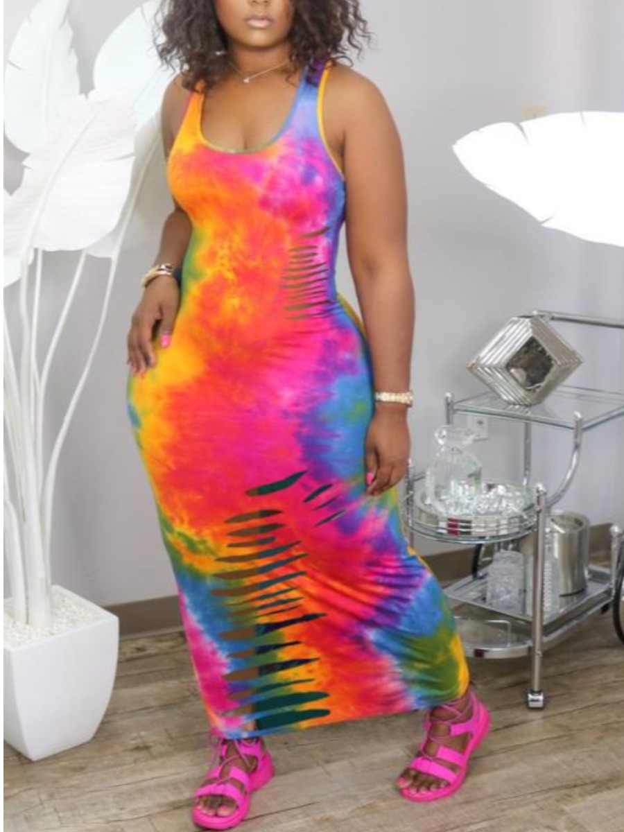 

Lovely Street Tie-dye Ripped Rose Ankle Length Dress