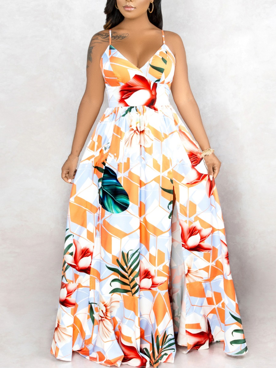 

Lovely Boho Floral Print Flounce Design White Floor Length A Line Dress