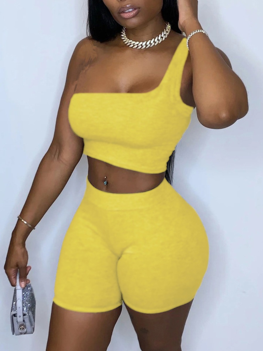 

Lovely Casual One Shoulder Basic Skinny Yellow Two Piece Shorts Set