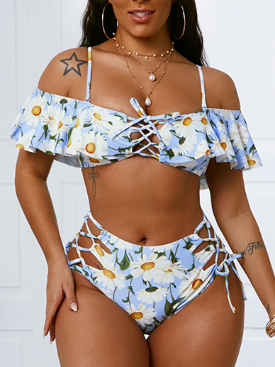 

Lovely Boho Flounce Bandage Hollow-out Design Multicolor Two-piece Swimsuit, Multi