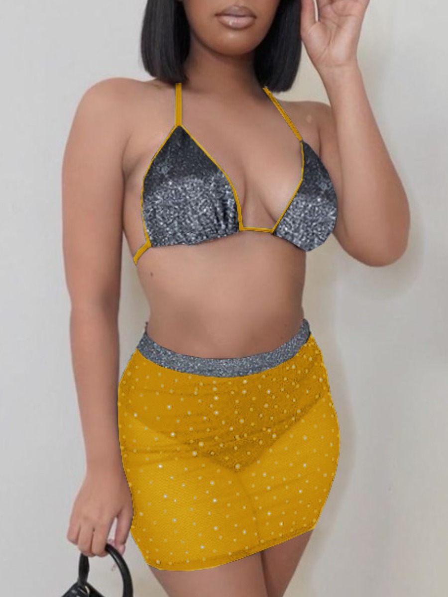 

LW Boho Backless Sequined See-through Yellow Two Piece Skirt Set