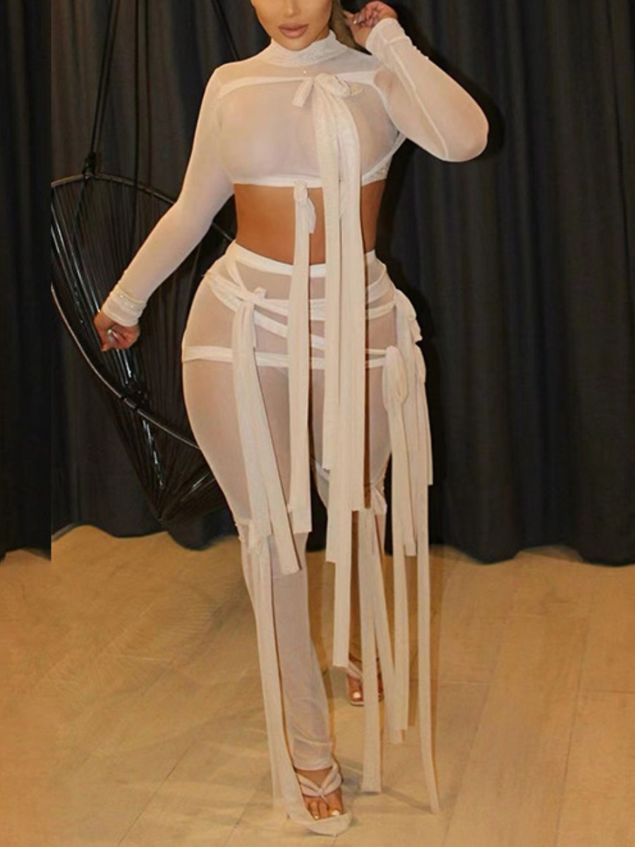 

Lovely Street See-through Bandage Design Khaki Two Piece Pants Set