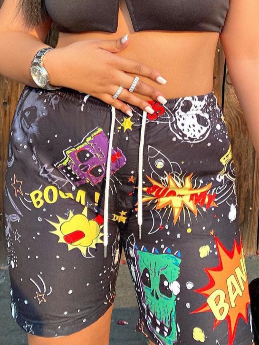 

LW Street Skull Head Letter Print Drawstring Black Shorts