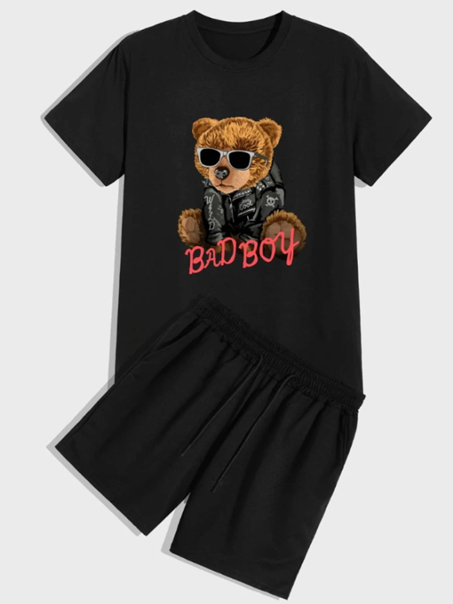 

Lovely Boy Casual Cartoon Letter Print Black Two Piece Shorts Set