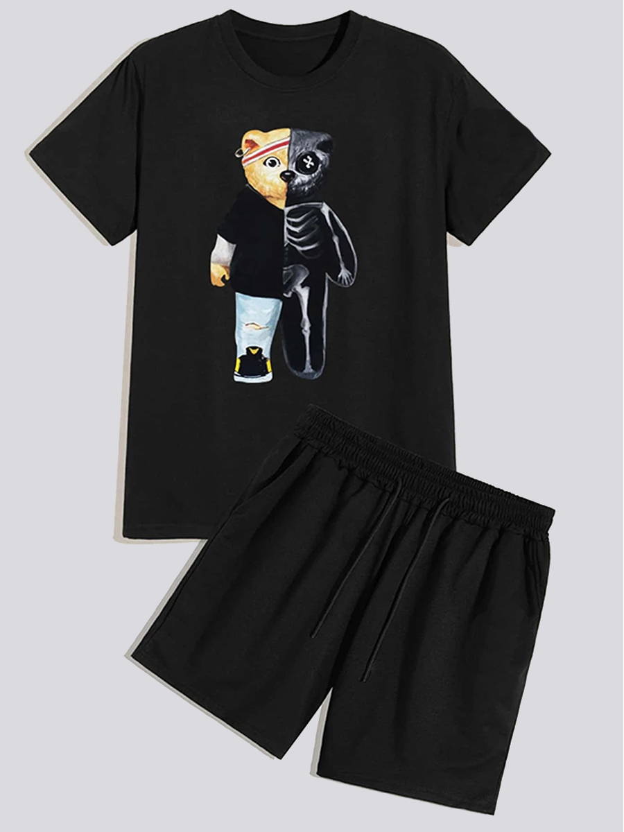 

Lovely Boy Casual Cartoon Print Drawstring Black Two Piece Shorts Set