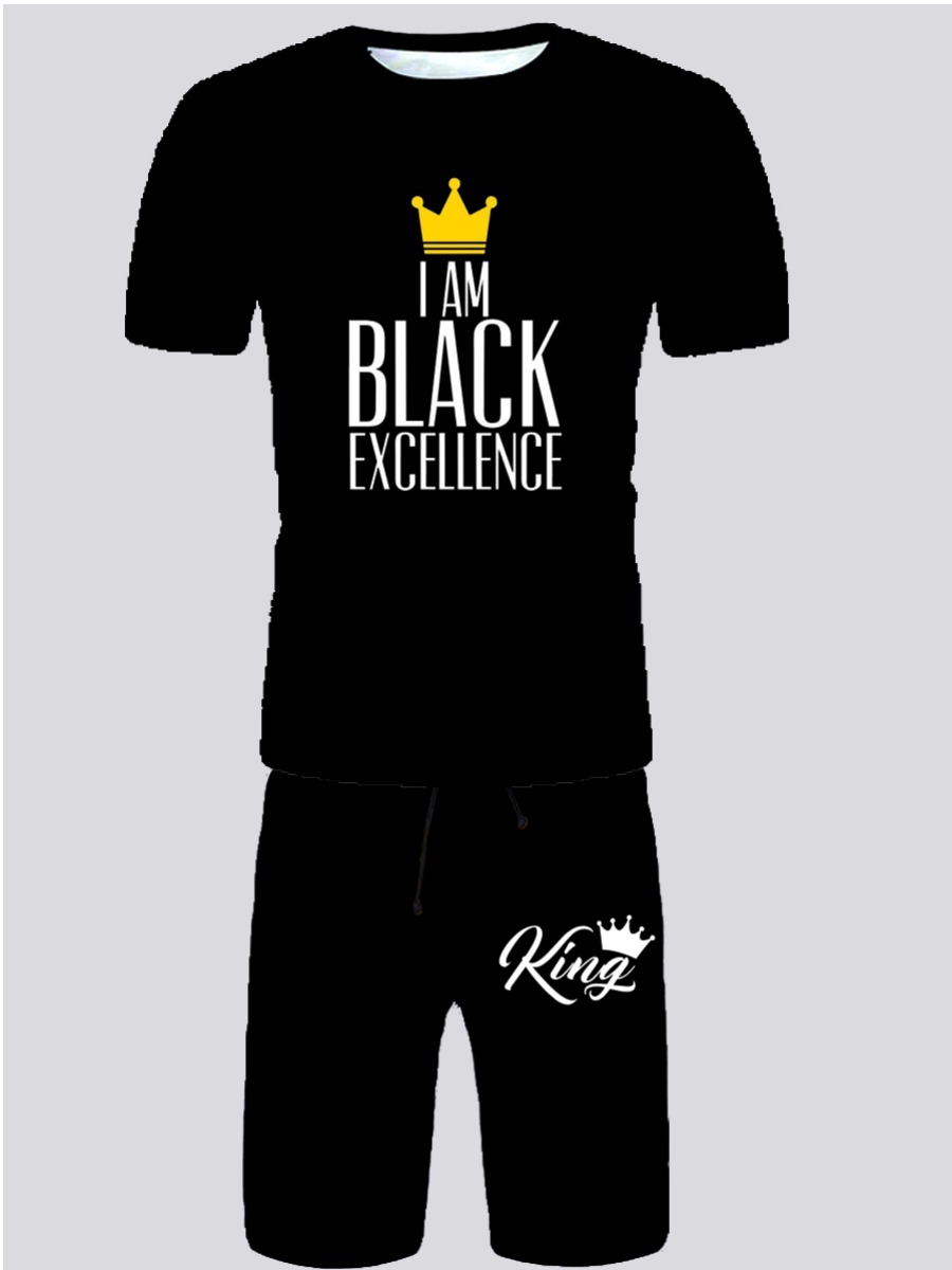 

LW Men Casual Crown Letter Print Black Two Piece Shorts Set