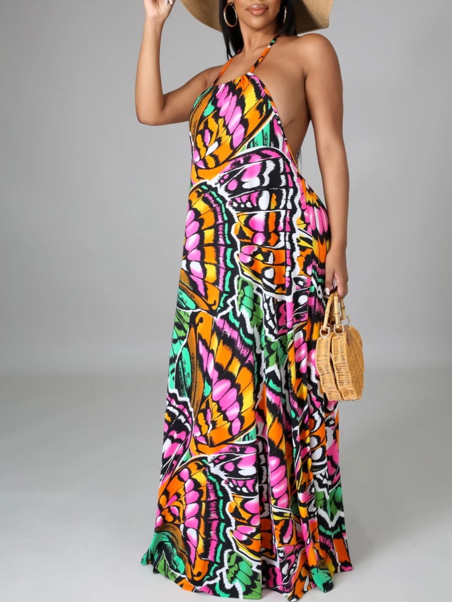 

Lovely Boho Backless Butterfly Print Multicolor Floor Length Dress, Multi