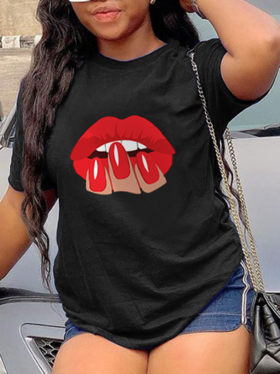 

Lovely Plus Size Casual O Neck Lip Print Black T-shirt