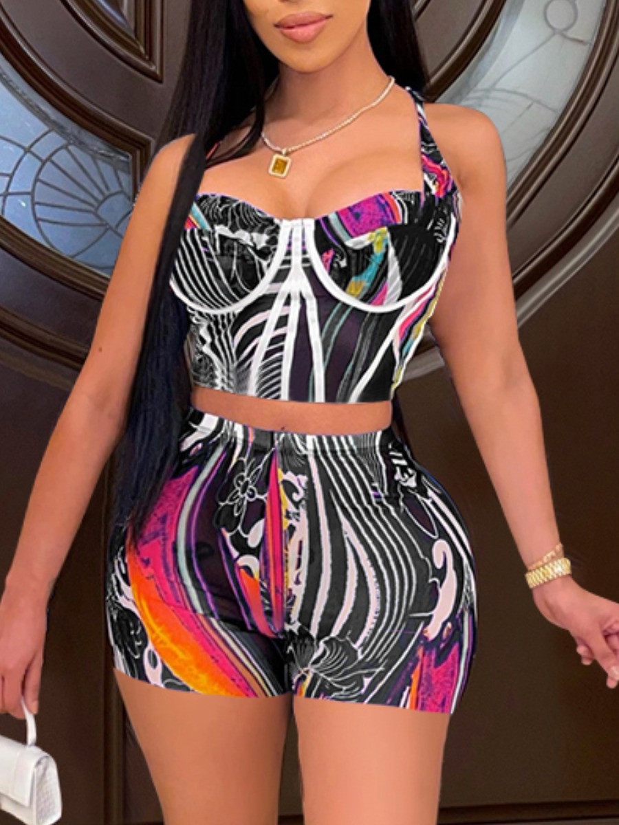 

Lovely Street Striped Patchwork Black Two Piece Shorts Set