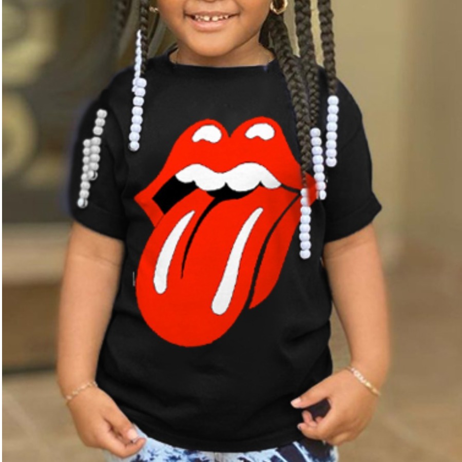 

Lovely Girl Casual O Neck Lip Print Black T-shirt