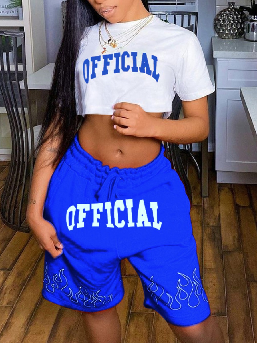 

LW Sporty Letter Print Drawstring Blue Two Piece Shorts Set