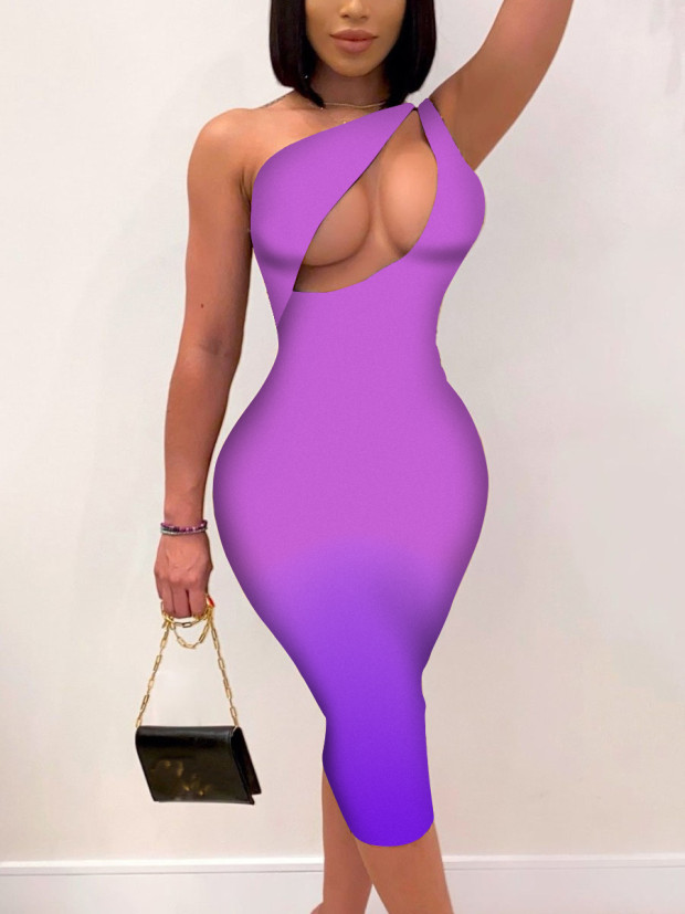 

Lovely Sweet One Shoulder Hollow-out Purple Knee Length Dress