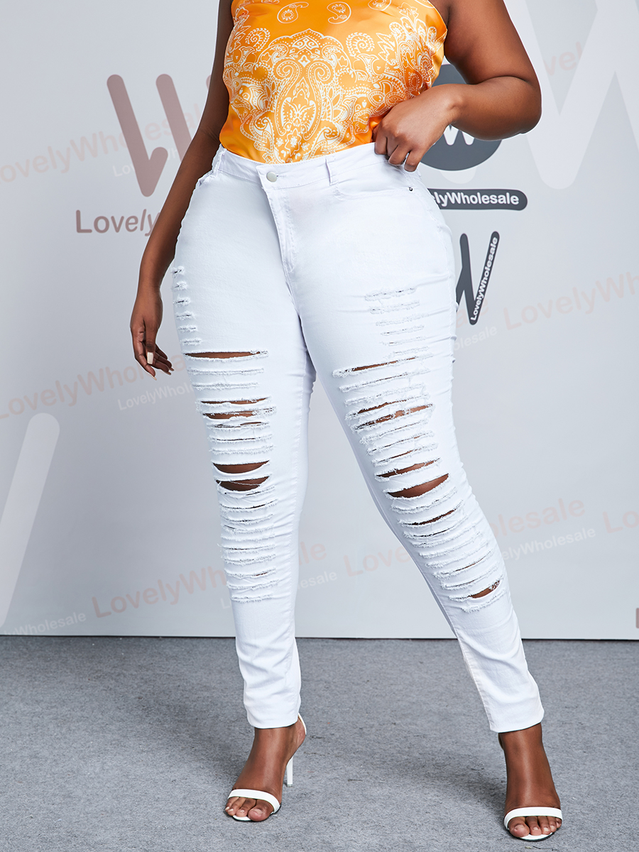 

Lovely Plus Size Street High-waisted Ripped White Jeans