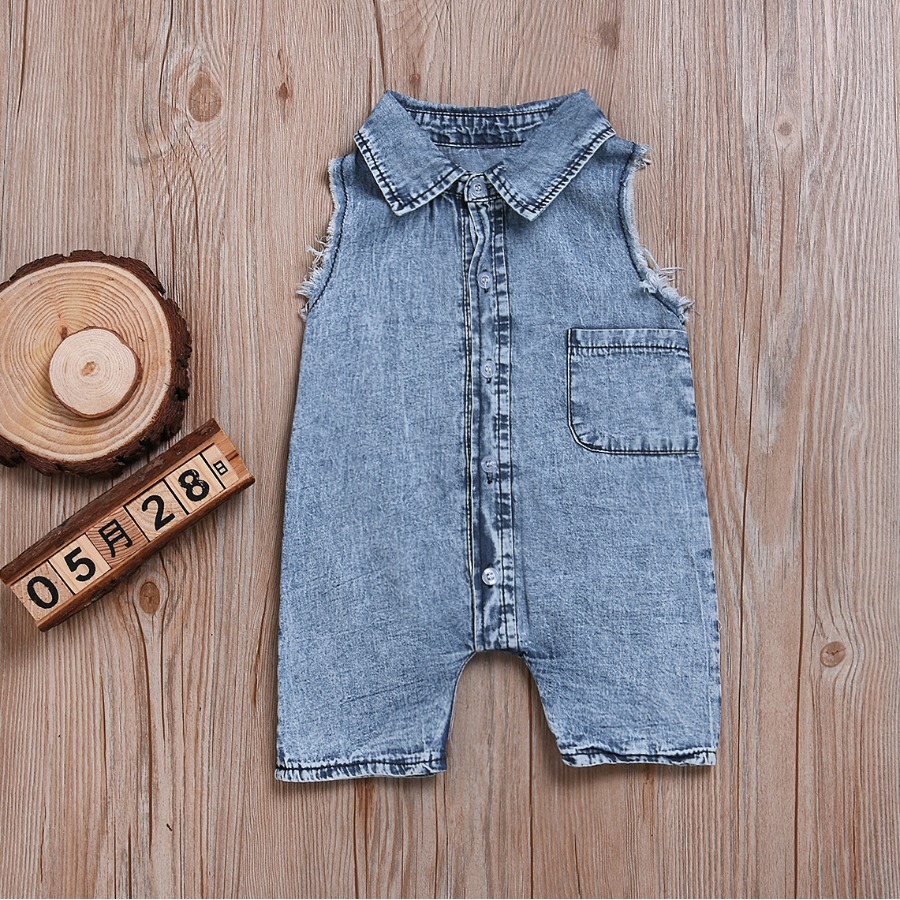 

Lovely Boy Casual Button Design Raw Edge Blue One-piece Jumpsuit