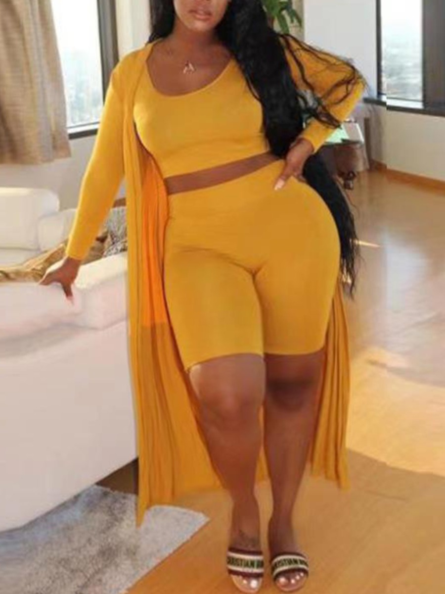 

LW BASICS Plus Size Casual U Neck Elastic Yellow Three-piece Shorts Set