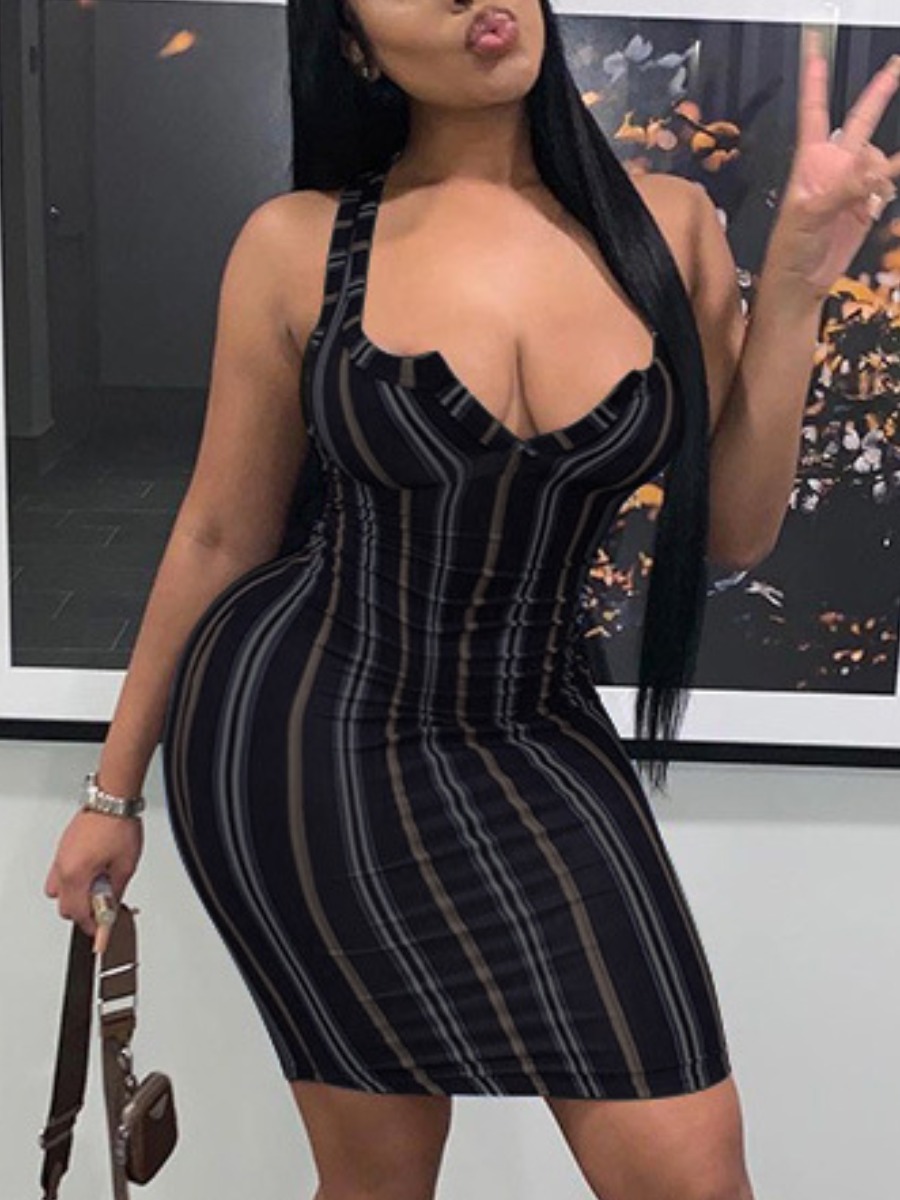 

LW SXY V Neck Striped Black Mini Dress