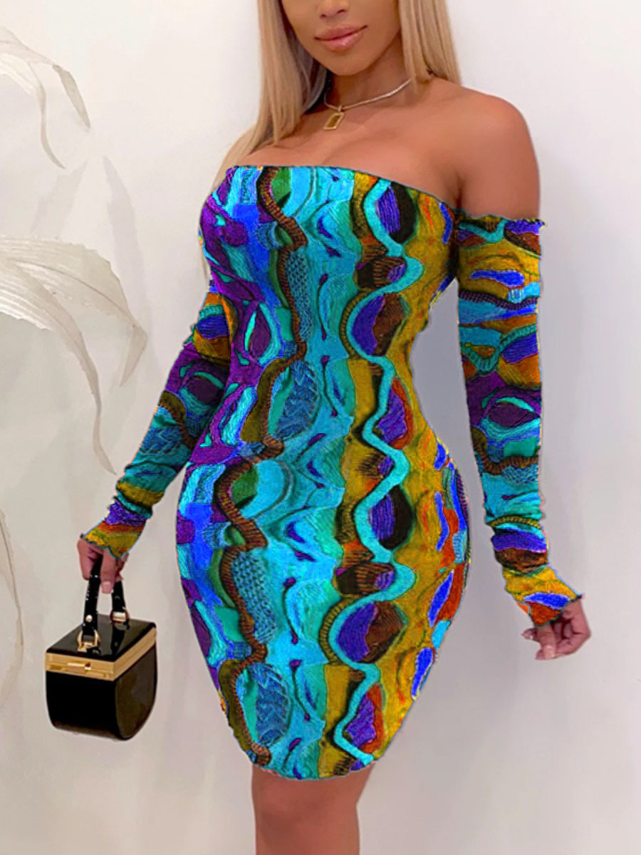 

Lovely Plus Size Sexy Off The Shoulder Animal Print Blue Mini Dress