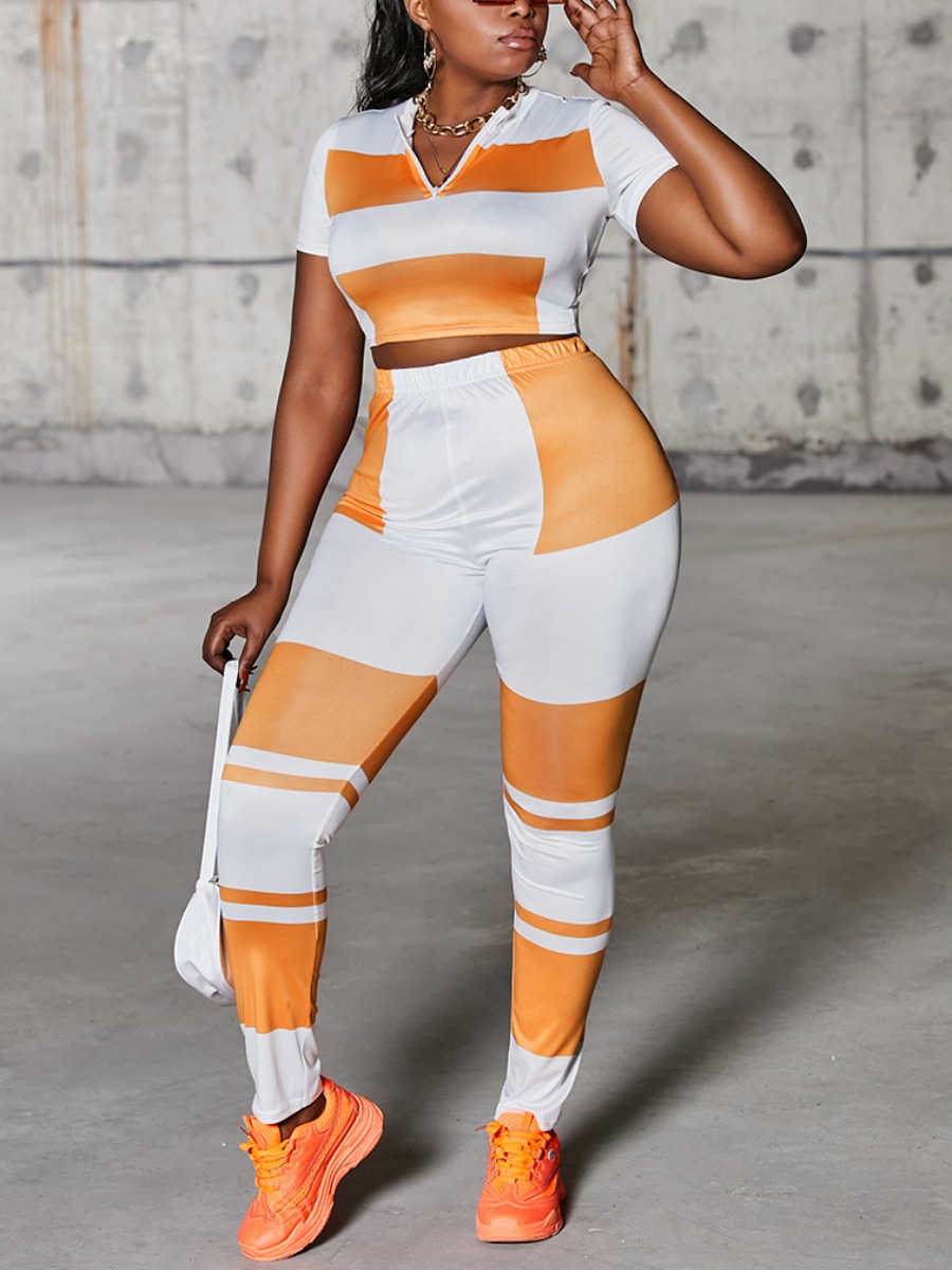 

LW Street V Neck Color-lump Orange Two Piece Pants Set