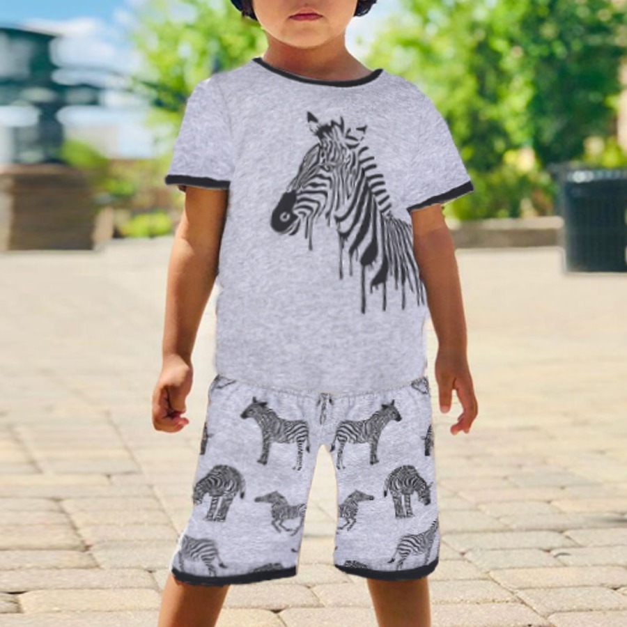 

Lovely Boy Casual O Neck Zebra Print Grey Two Piece Shorts Set