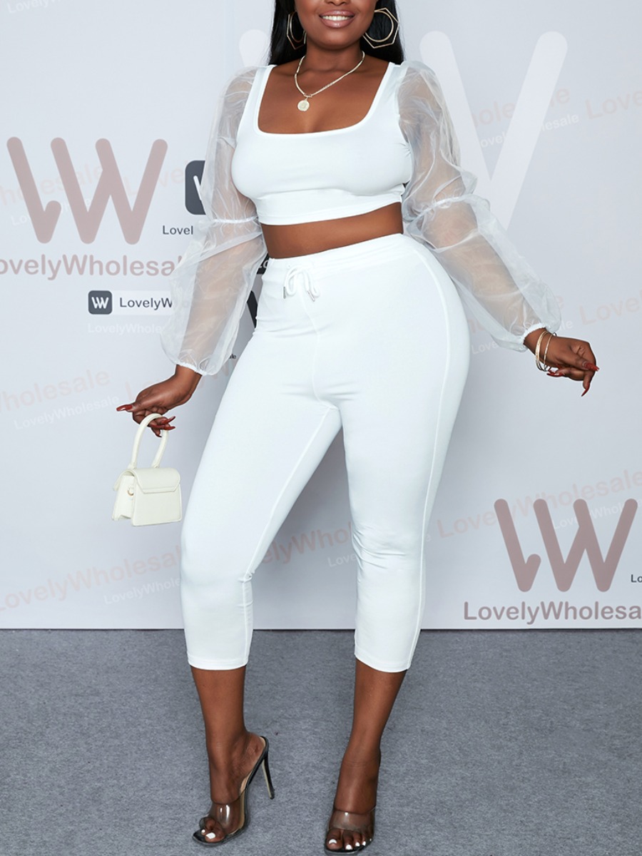 

Lovely Sweet Fold Design See-through Drawstring White Two Piece Pants Set