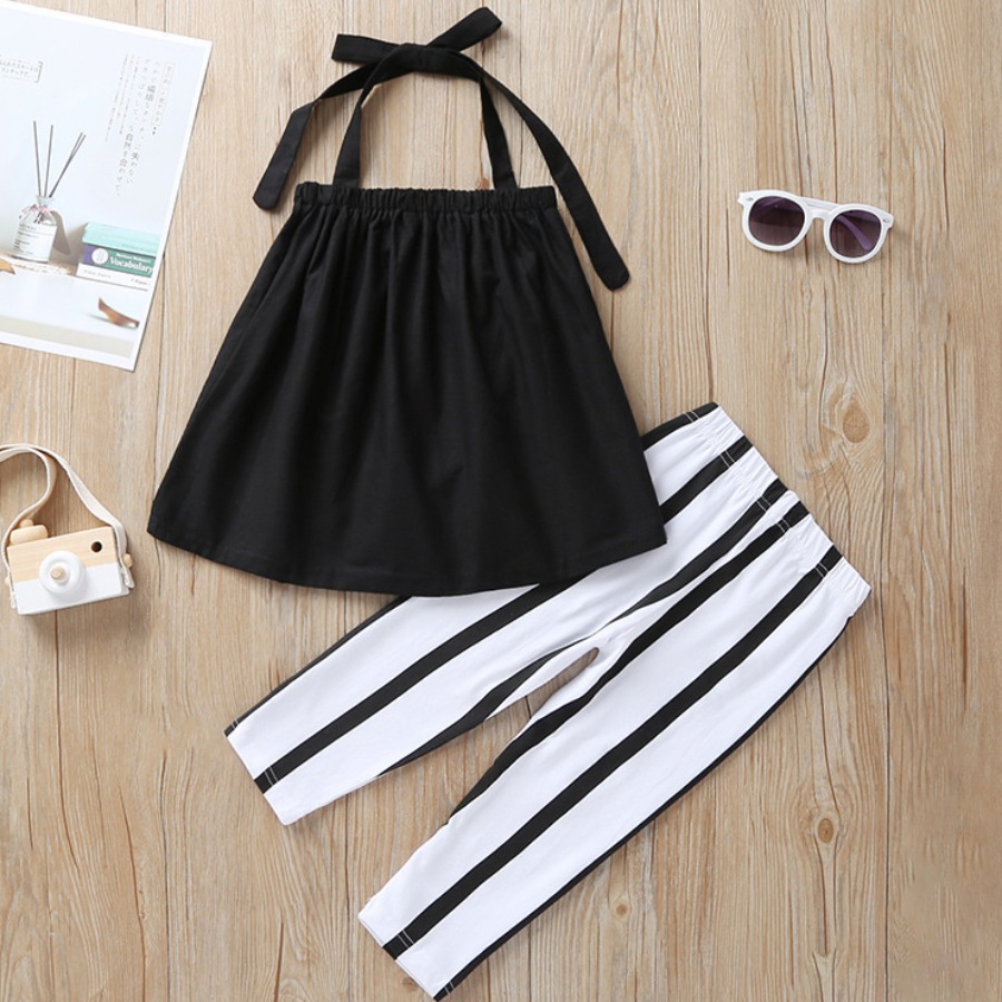 

LW Casual Bandage Design Striped Black Two Piece Pants Set