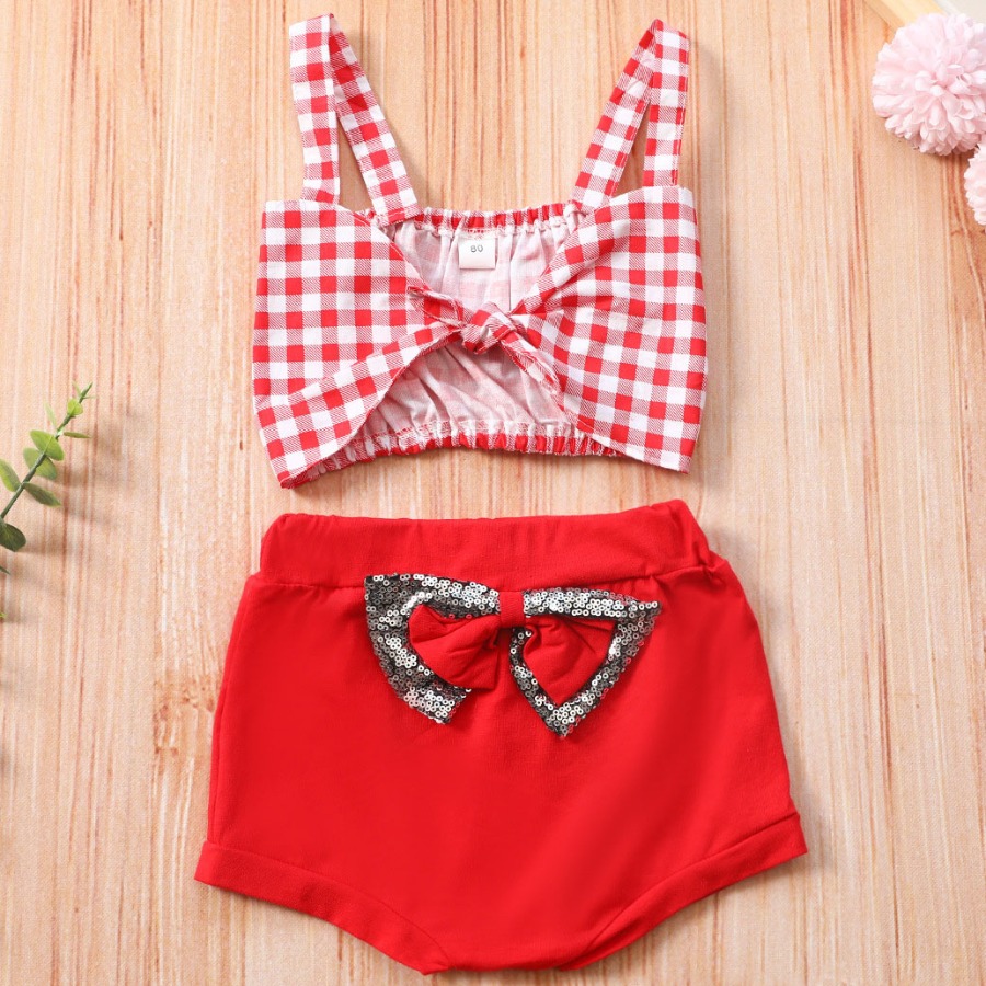 

Lovely Girl Casual Plaid Print Bow-tie Decoration Red Two Piece Shorts Set