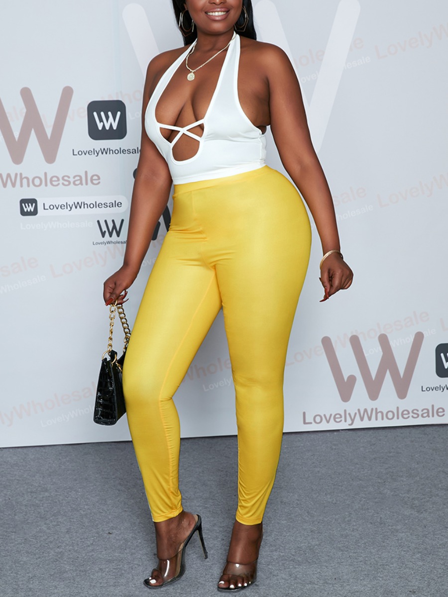 

Lovely Street Hollow-out Letter Print Yellow Two Piece Pants Set