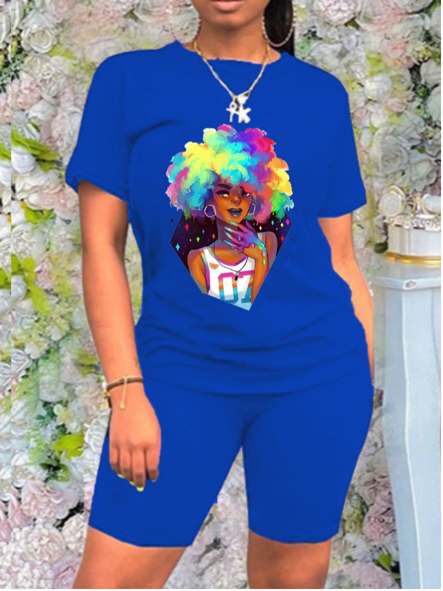 

Lovely Casual O Neck Graffiti Print Blue Two Piece Shorts Set
