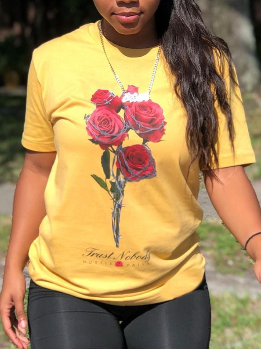 

Lovely Street Floral Letter Print Yellow T-shirt
