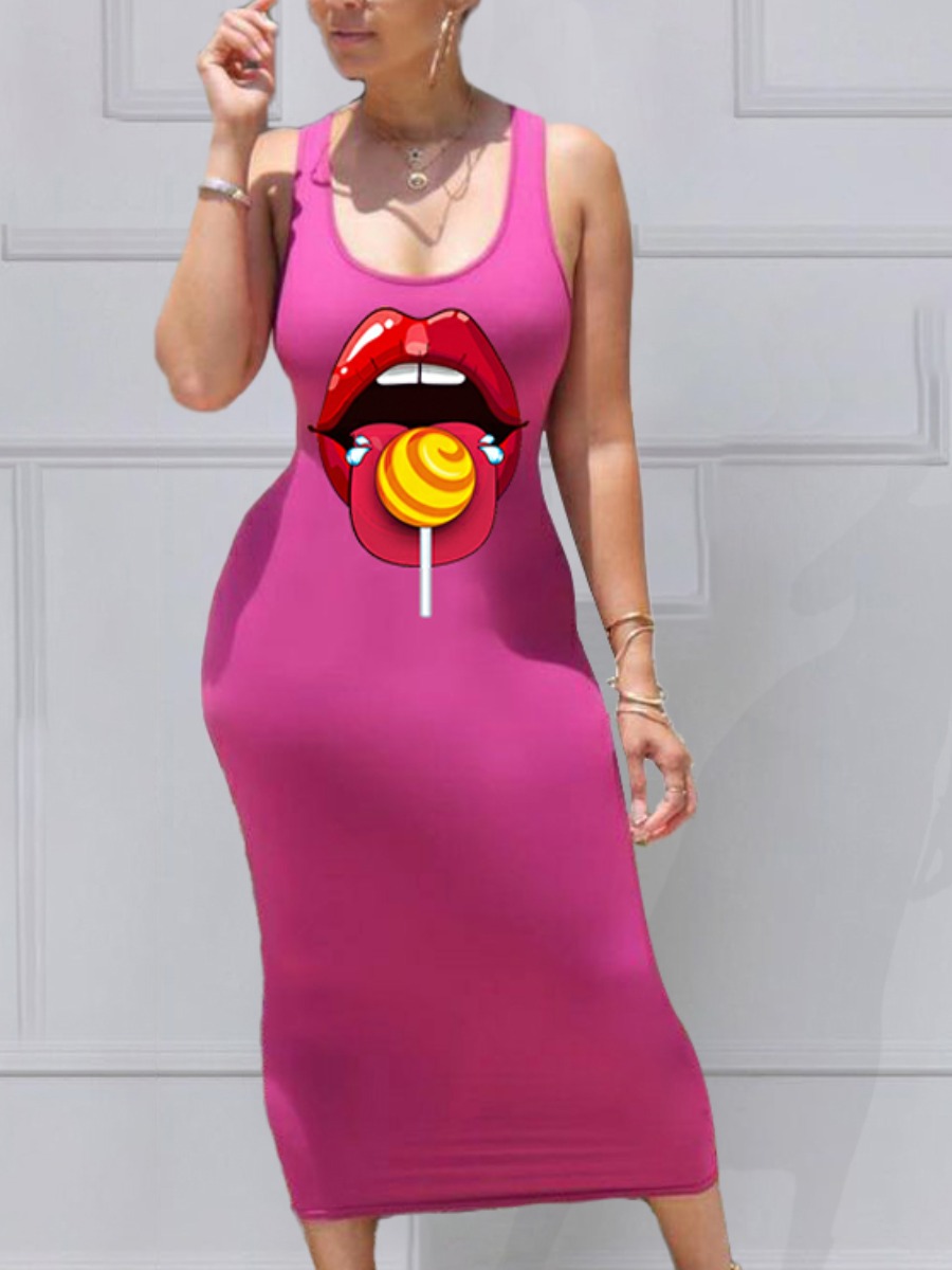 

Lovely Casual Lip Print Backless Light Purple Mid Calf Dress