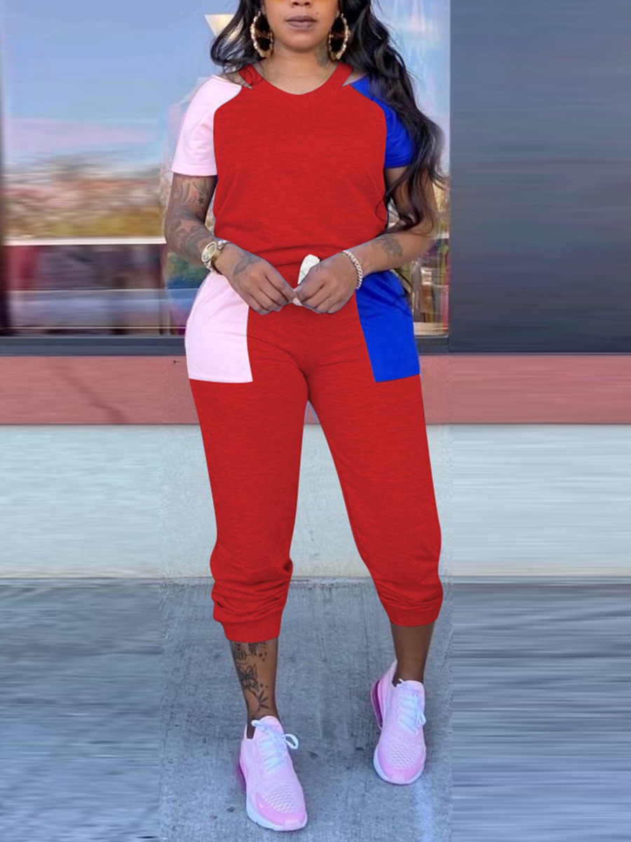 

Lovely Casual Color-lump Drawstring Red Two Piece Pants Set