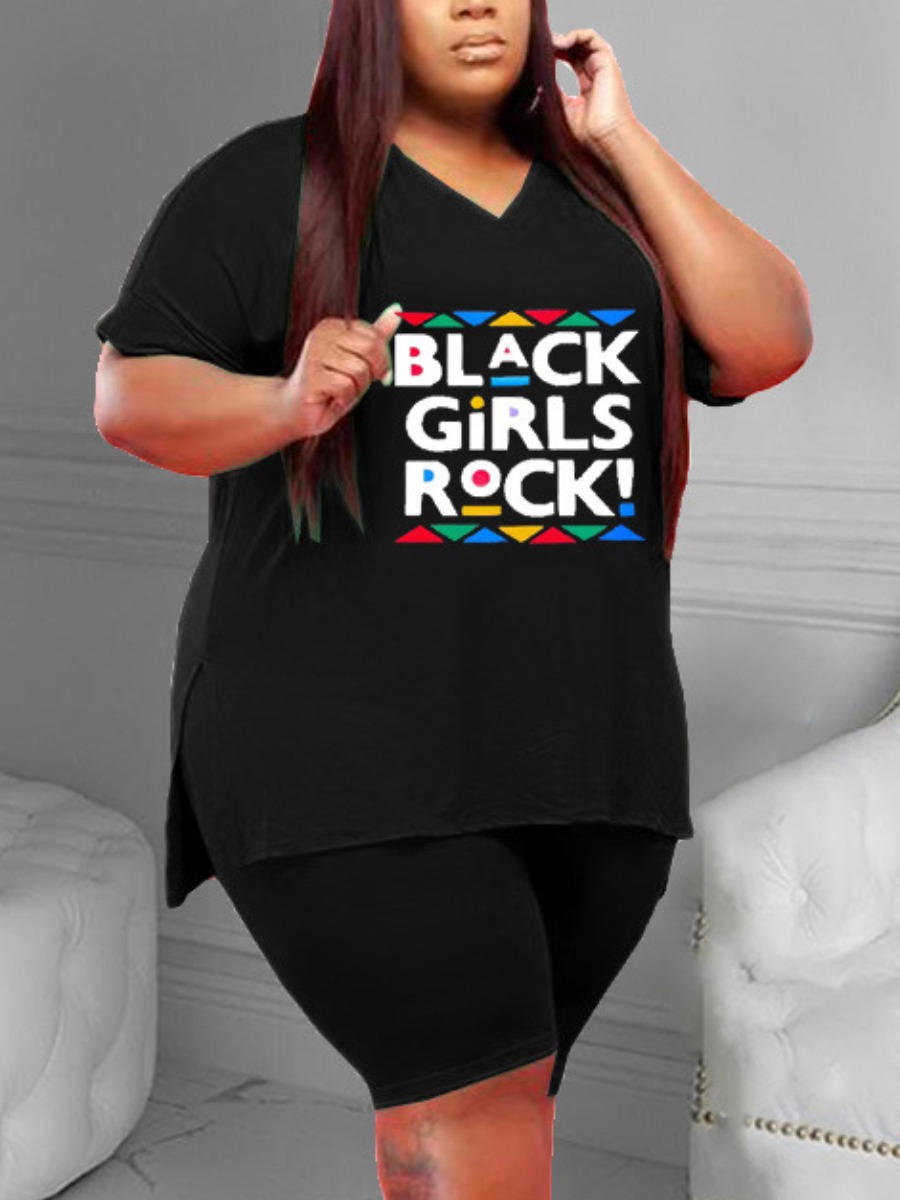 

Lovely Plus Size Casual Letter Print Split Black Two-piece Shorts Set