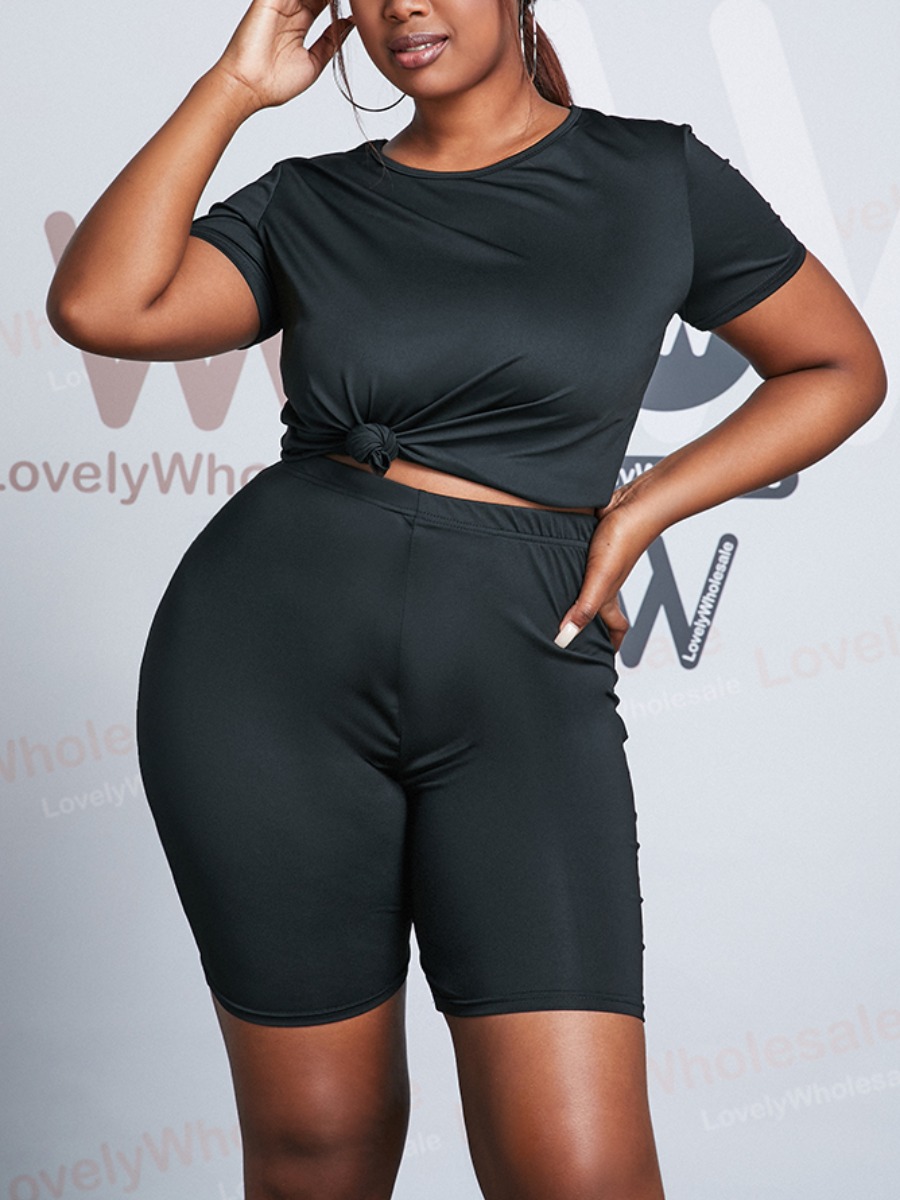

Lovely Plus Size Sporty O Neck Elastic Black Two-piece Shorts Set