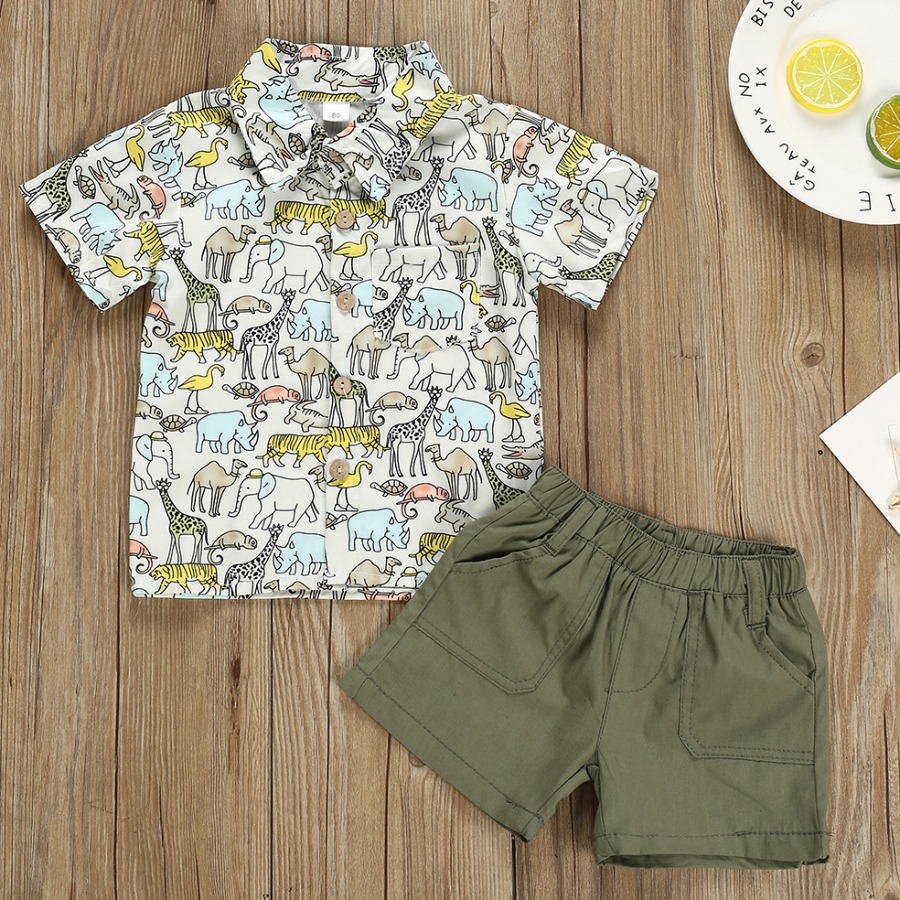 

Lovely Boy Casual Animal Print Patchwork White Two Piece Shorts Set