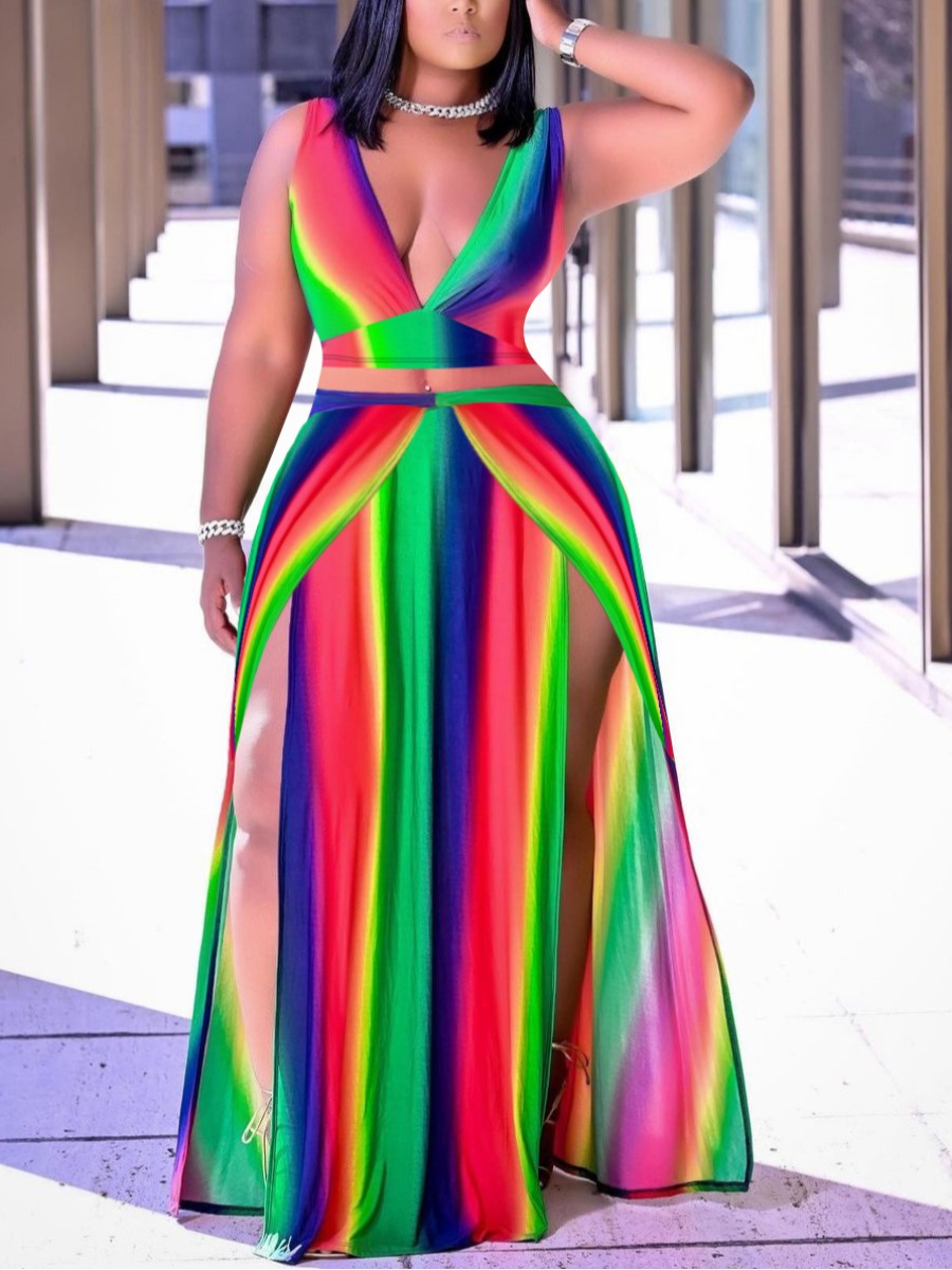 

Lovely Boho Rainbow Stripe Split Green Two Piece Skirt Set
