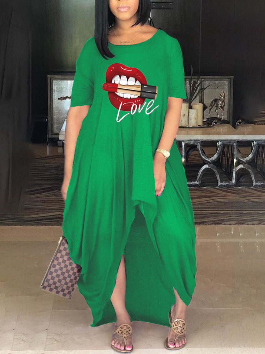 

LW Plus Size Casual O Neck Lip Print Asymmetrical Green Ankle Length Dress
