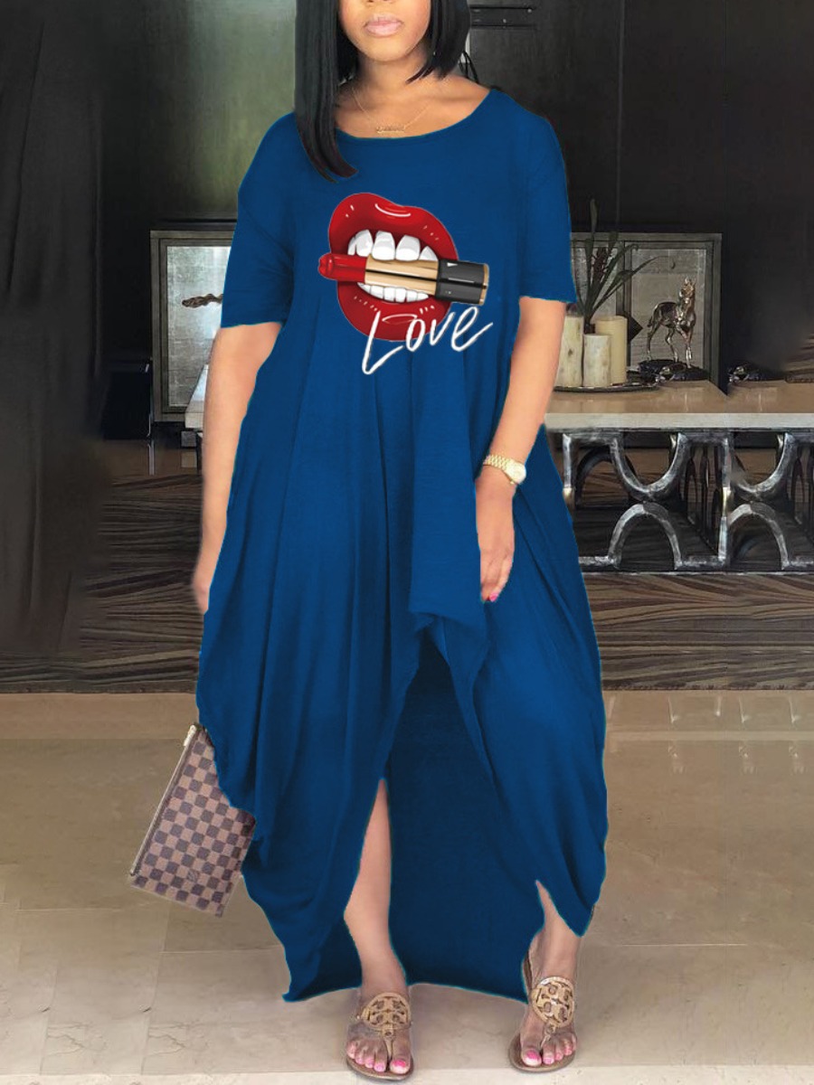 

LW Plus Size Casual O Neck Lip Print Asymmetrical Blue Ankle Length Dress