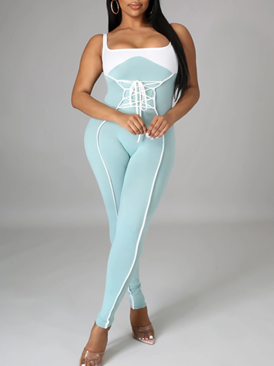 

Lovely Street Striped Bandage Design Blue One-piece Jumpsuit