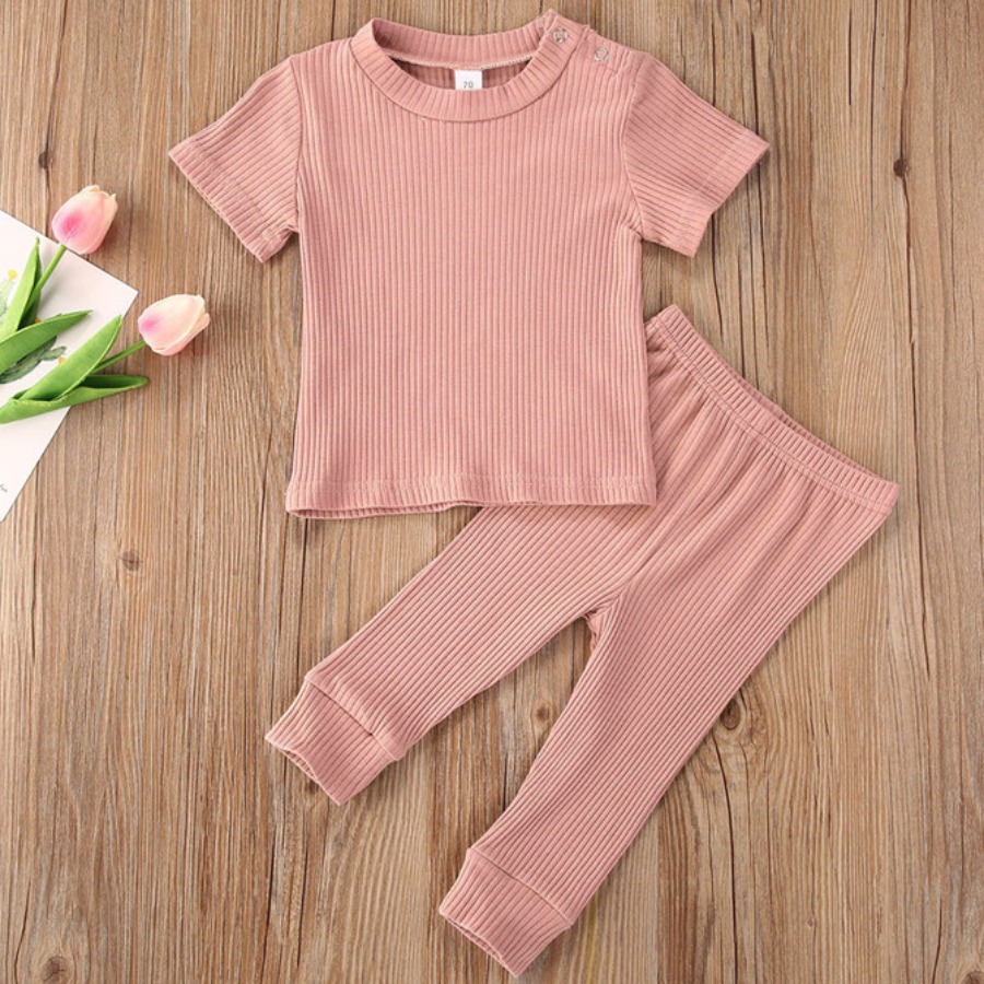 

Lovely Girl Casual O Neck Rib-Knit Pink Two Piece Pants Set