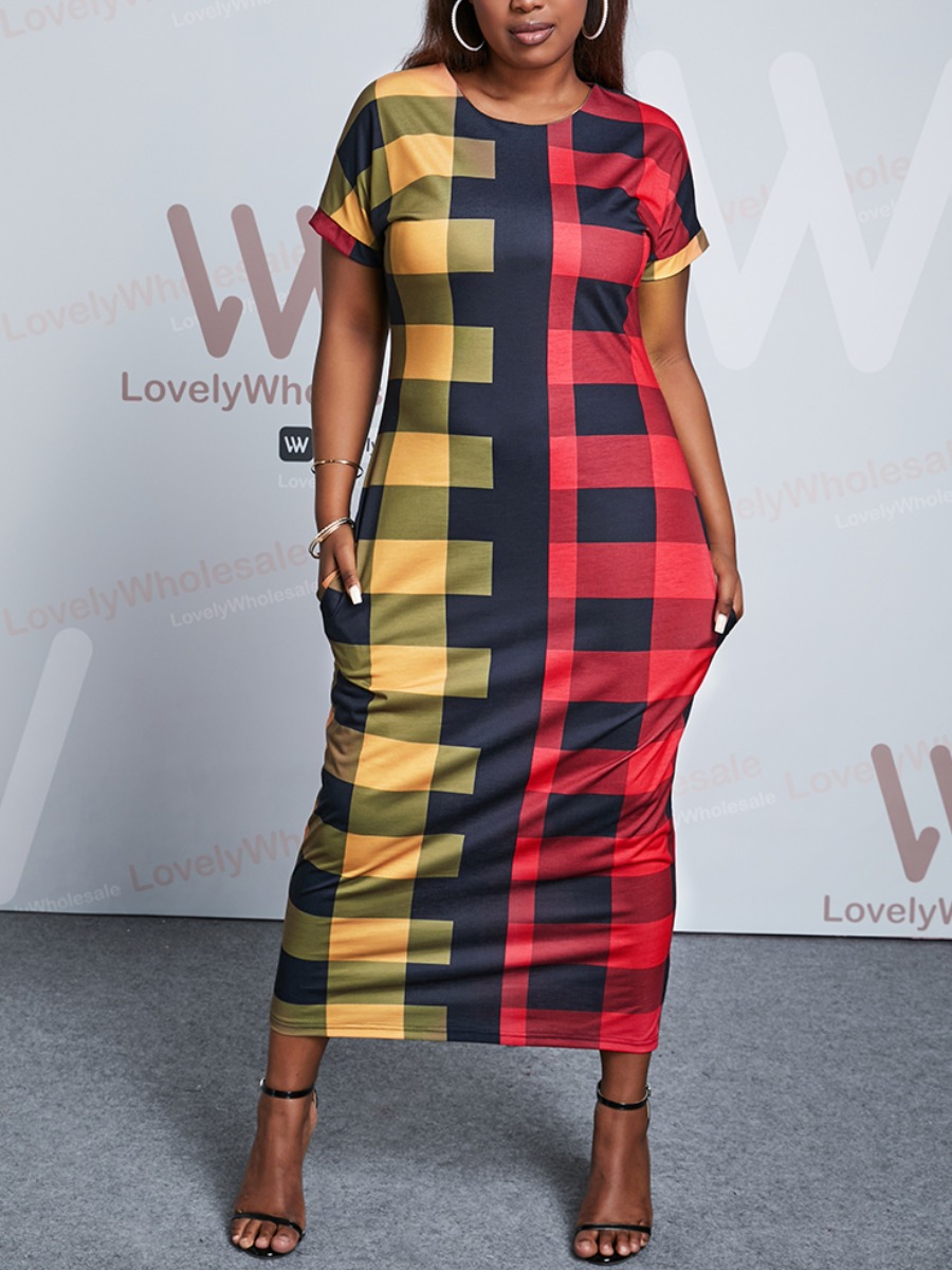 

Lovely Plus Size Street Plaid Print Patchwork Red Ankle Length Dress